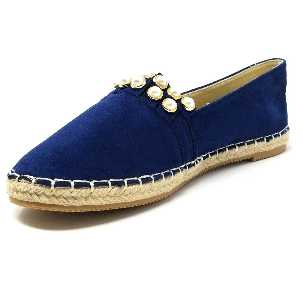 Women Espadrille Beaded Flats, E-2610, Navy - Picture 2 of 3